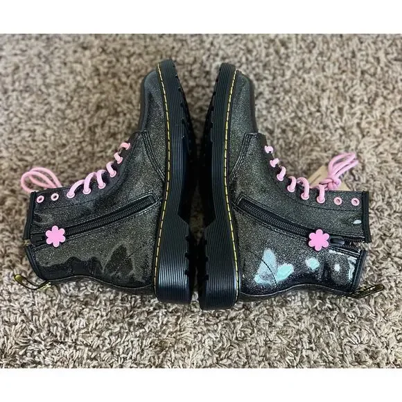 Dr Martens Junior 1460 Glitter & Flower Applique Lace Up Boots Sz 5 - Picture 4 of 9